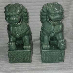 Celadon Foo Dog Pair Chinese Guardian Lions Crackle Glaze Decor